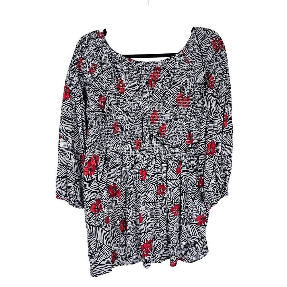 J. Jill Floral Smocked‎ Tunic L Black Red Geometric 3/4 Puff Sleeves Boho Artsy